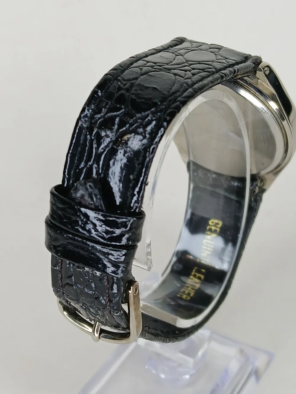 Q&Q Citizen Quartz Watch White Dial Date Silver Case Black Leather Strap Working